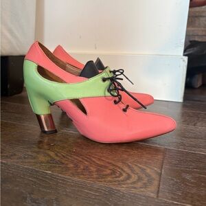 John Fluevog Stylish Pink and Green Heeled Shoes